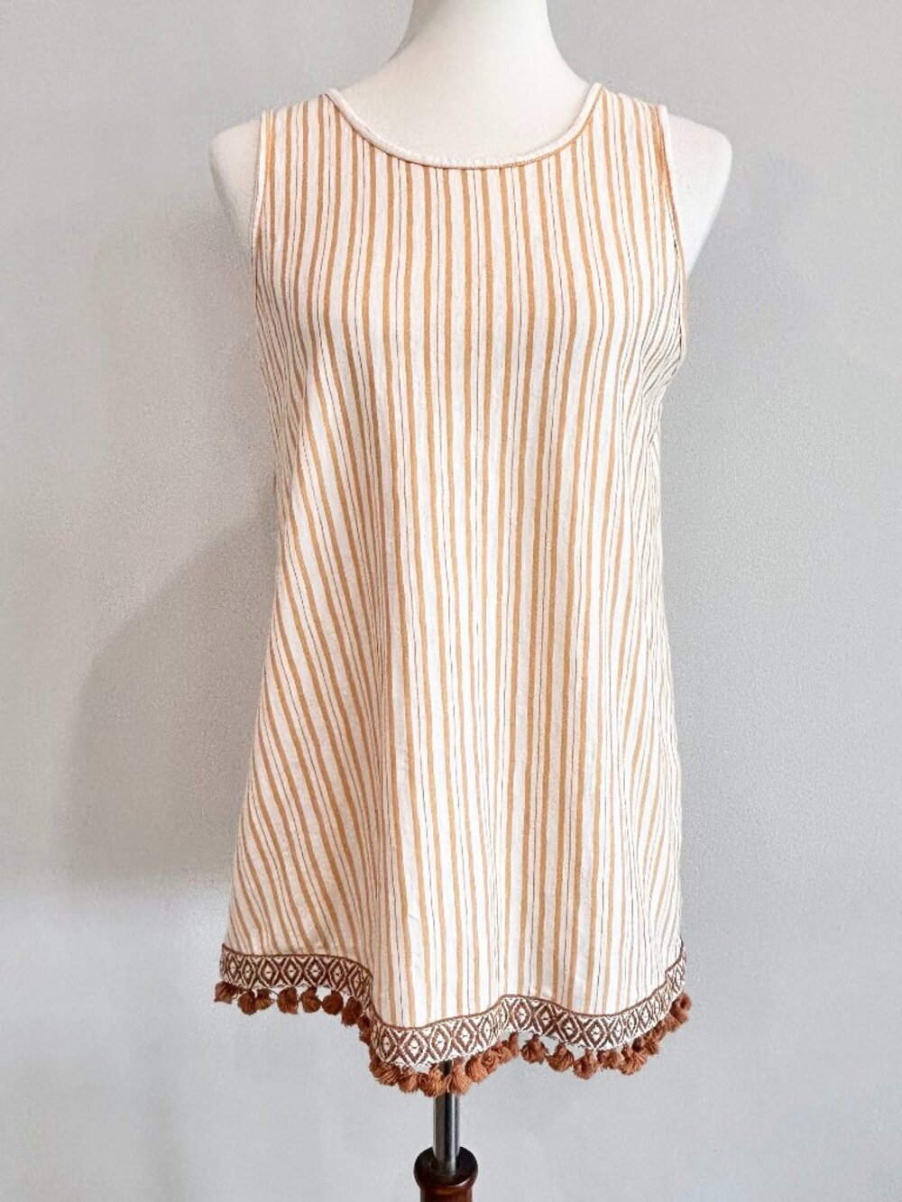 Anthropologie W5 Mustard Yellow Striped Tunic Top Tassel Fringe Boho Women's M